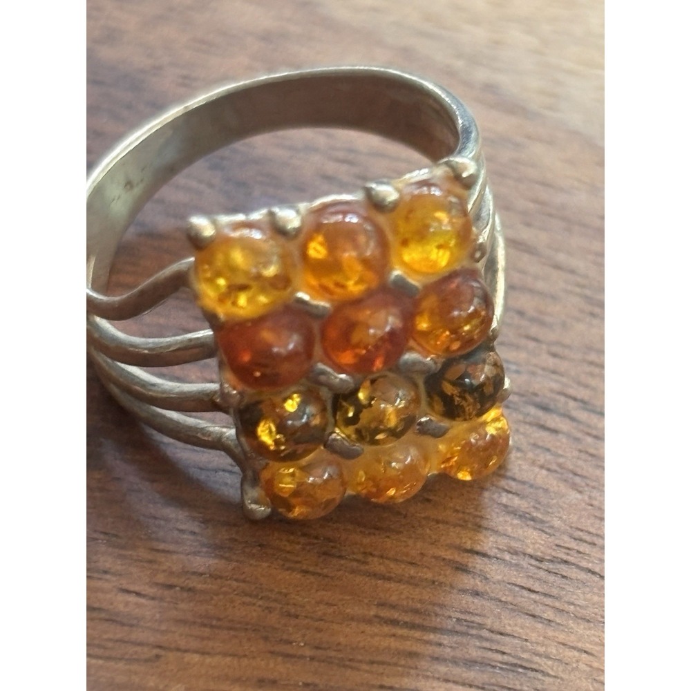 Vintage 925 Sterling Silver Stamped Unique AMBER  RING Size 8.75